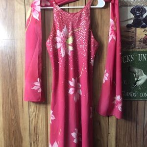 Floral dress and shall.